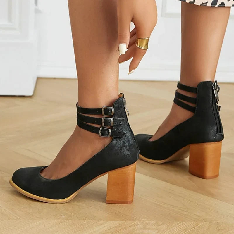 Women's ankle boots with triple buckle straps and block heel