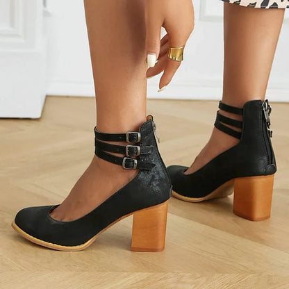 Women's ankle boots with triple buckle straps and block heel