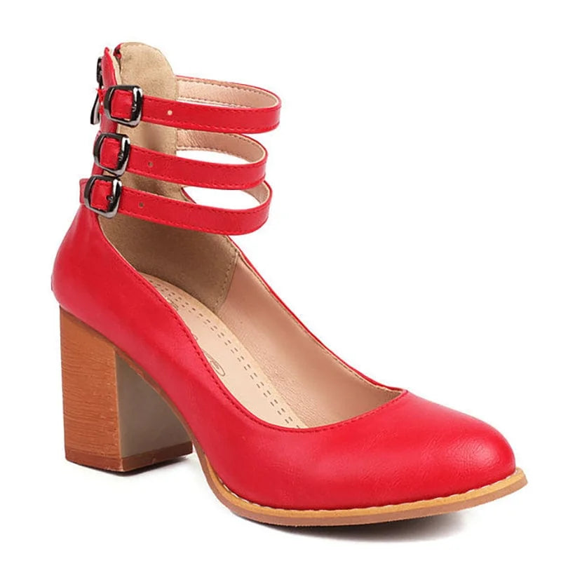 Women's ankle boots with triple buckle straps and block heel