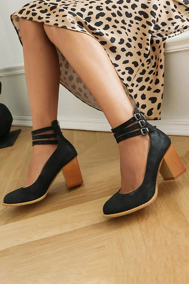 Women's ankle boots with triple buckle straps and block heel