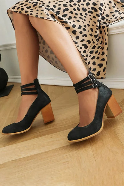 Women's ankle boots with triple buckle straps and block heel