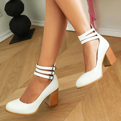 Women's ankle boots with triple buckle straps and block heel