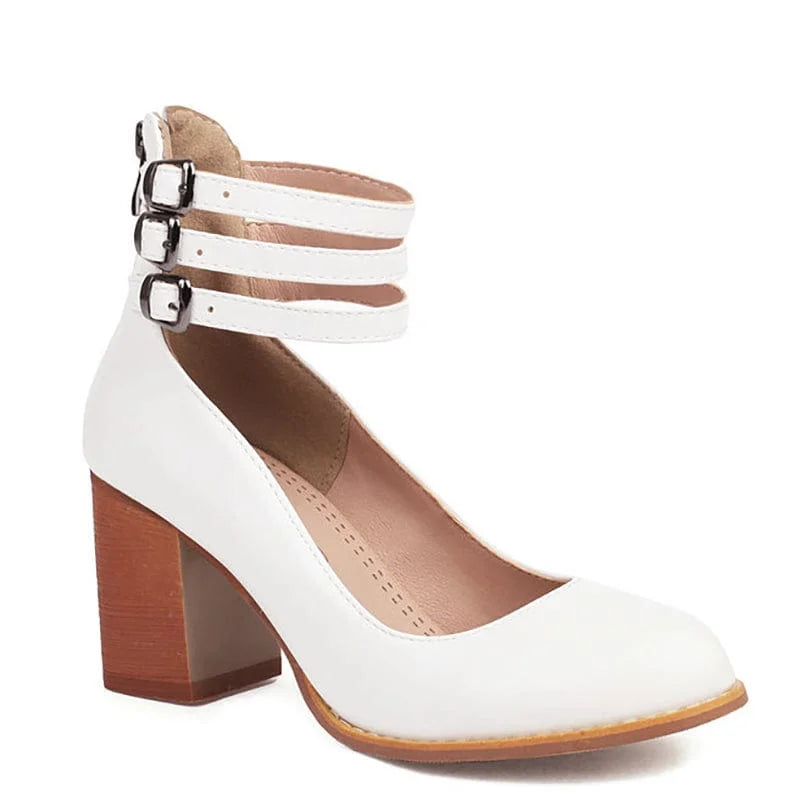 Women's ankle boots with triple buckle straps and block heel