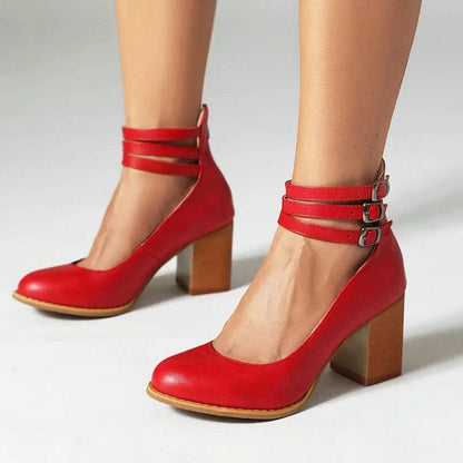 Women's ankle boots with triple buckle straps and block heel – Red