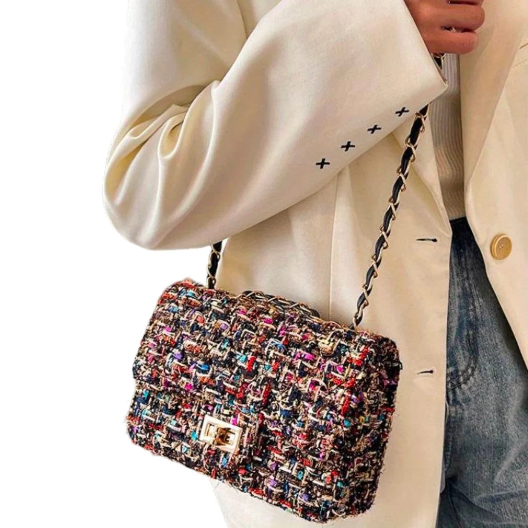 Women's tweed shoulder bag with adjustable chain strap