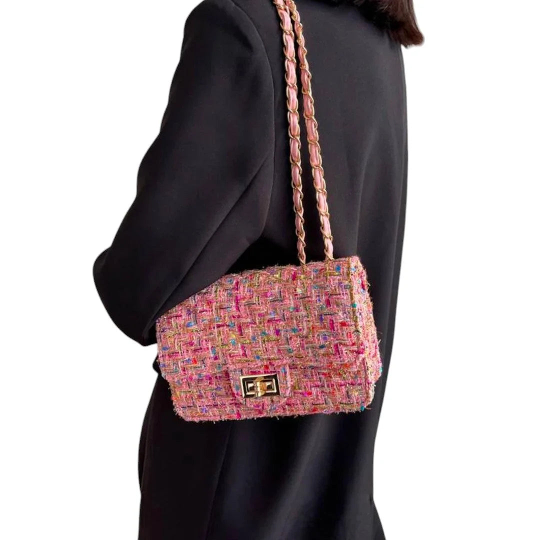 Women's tweed shoulder bag with adjustable chain strap