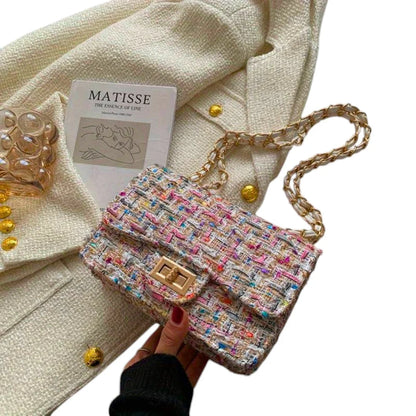 Women's tweed shoulder bag with adjustable chain strap – White