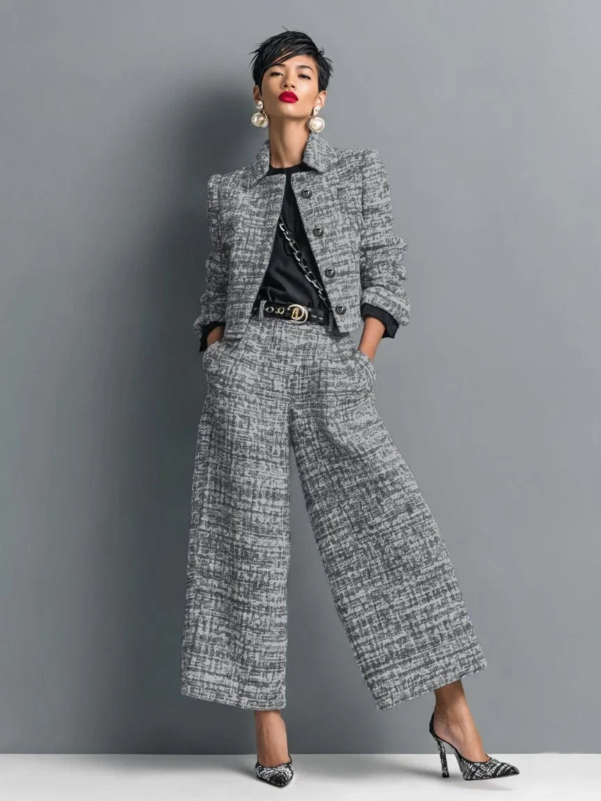 Women's tweed two-piece set with cropped jacket and wide-leg pants – Black