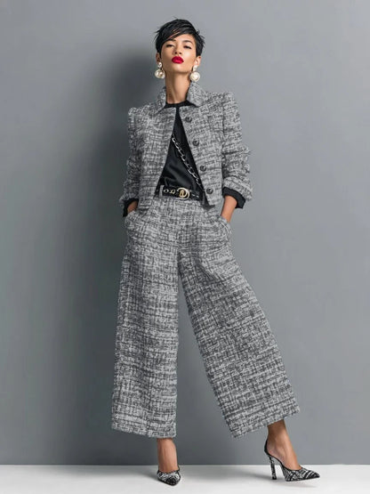 Women's tweed two-piece set with cropped jacket and wide-leg pants – Black