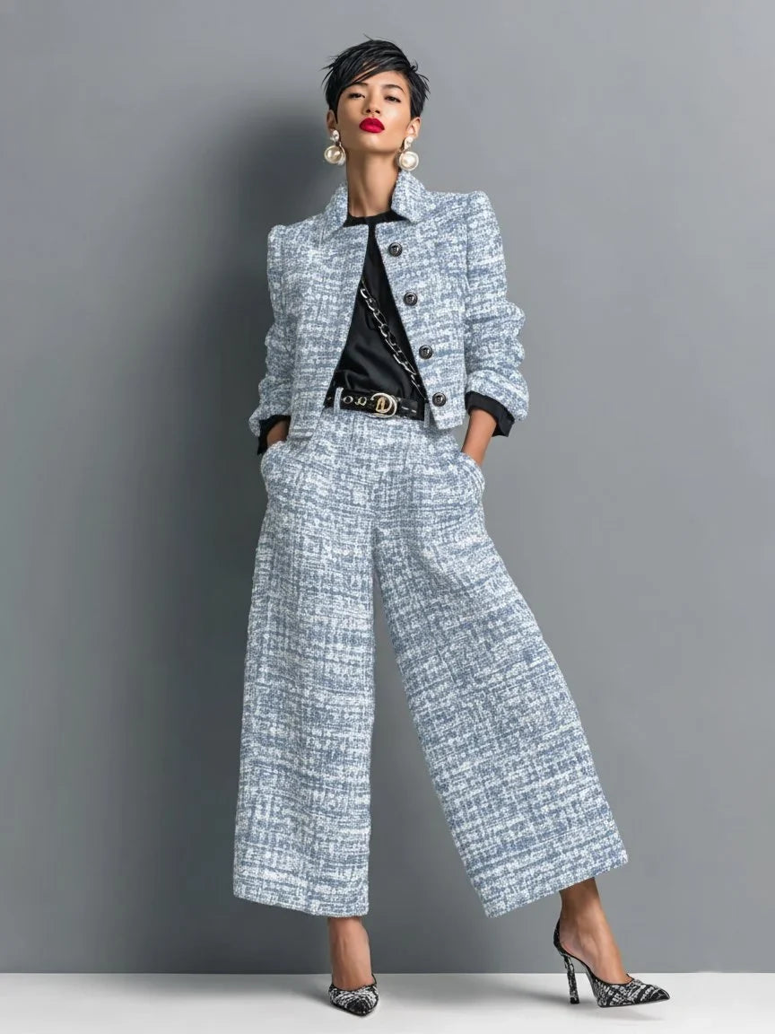 Women's tweed two-piece set with cropped jacket and wide-leg pants – Blue