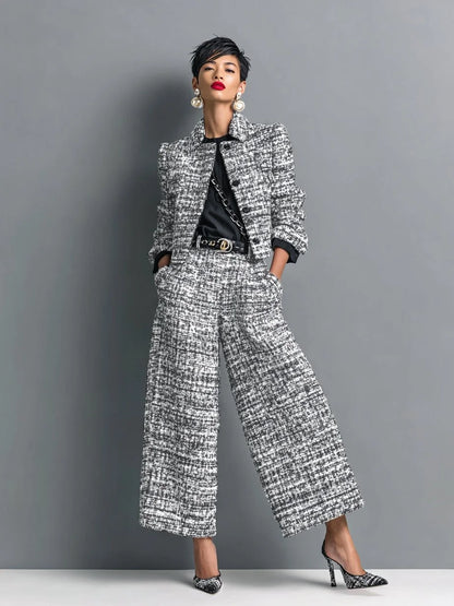 Women's tweed two-piece set with cropped jacket and wide-leg pants – Gray