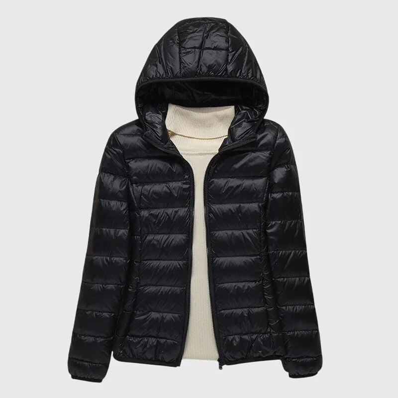 Women's ultra-light quilted puffer jacket with hood – Black Hood