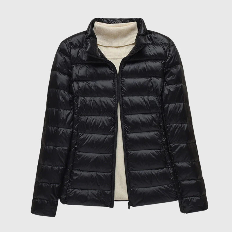 Women's ultra-light quilted puffer jacket with hood – Black Stand Collar