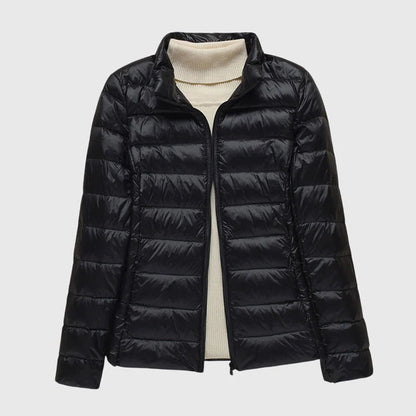 Women's ultra-light quilted puffer jacket with hood – Black Stand Collar