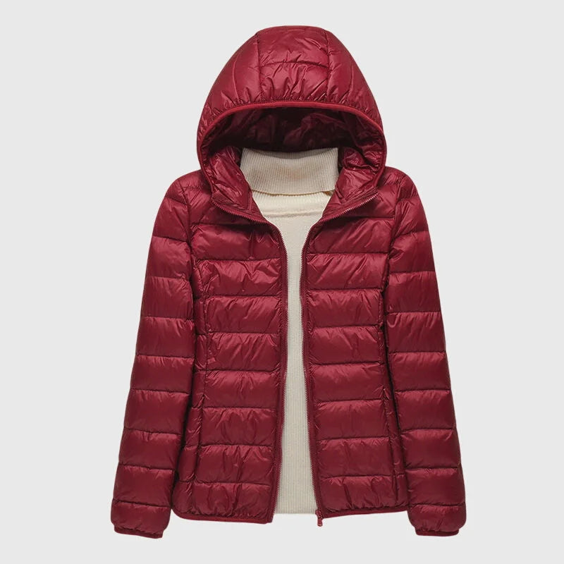 Women's ultra-light quilted puffer jacket with hood – Burgundy Hood