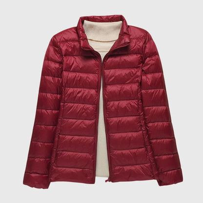 Women's ultra-light quilted puffer jacket with hood – Burgundy Stand-up collar