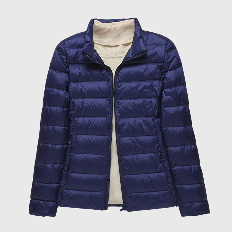 Women's ultra-light quilted puffer jacket with hood – Dark blue stand-up collar