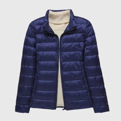 Women's ultra-light quilted puffer jacket with hood – Dark blue stand-up collar