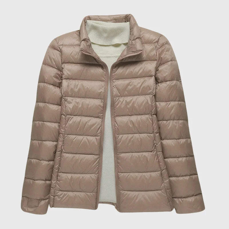 Women's ultra-light quilted puffer jacket with hood – Khaki Stand-up collar
