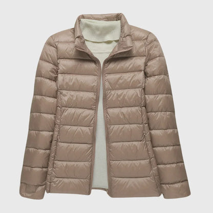 Women's ultra-light quilted puffer jacket with hood – Khaki Stand-up collar