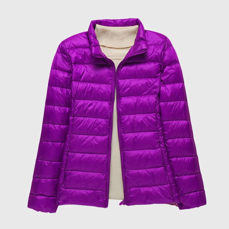 Women's ultra-light quilted puffer jacket with hood – Purple Stand-up Collar