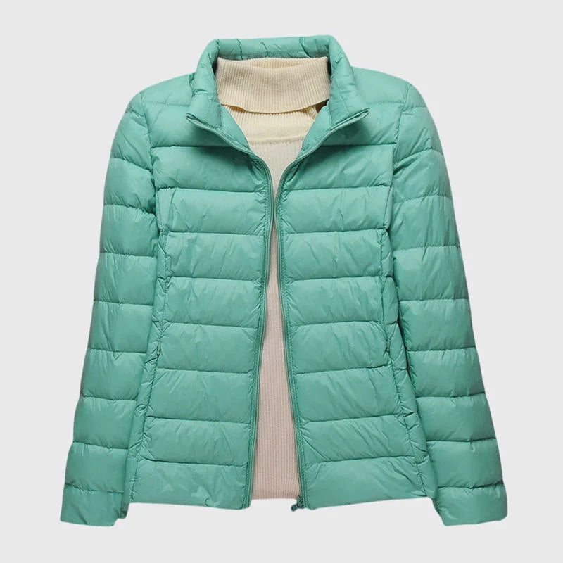 Women's ultra-light quilted puffer jacket with hood – Turquoise Stand-up collar