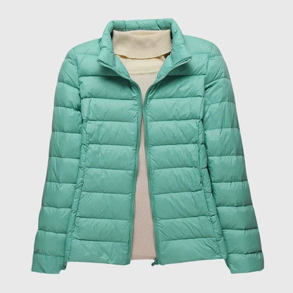 Women's ultra-light quilted puffer jacket with hood – Turquoise Stand-up collar