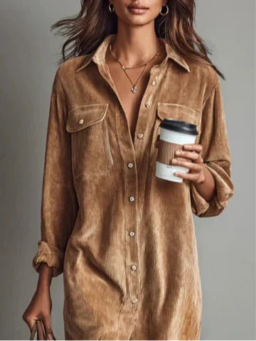 Women's velvet midi shirt dress with button-down front