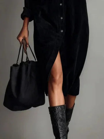 Women's velvet midi shirt dress with button-down front