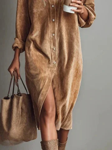 Women's velvet midi shirt dress with button-down front