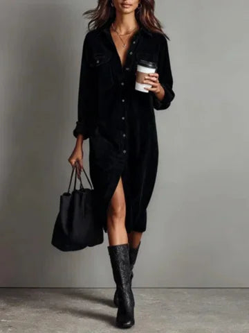 Women's velvet midi shirt dress with button-down front – Black