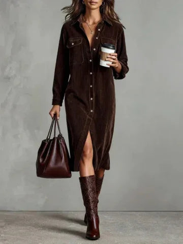 Women's velvet midi shirt dress with button-down front – Dark Brown