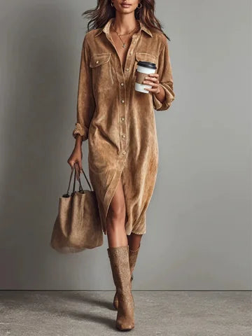 Women's velvet midi shirt dress with button-down front – Light Brown