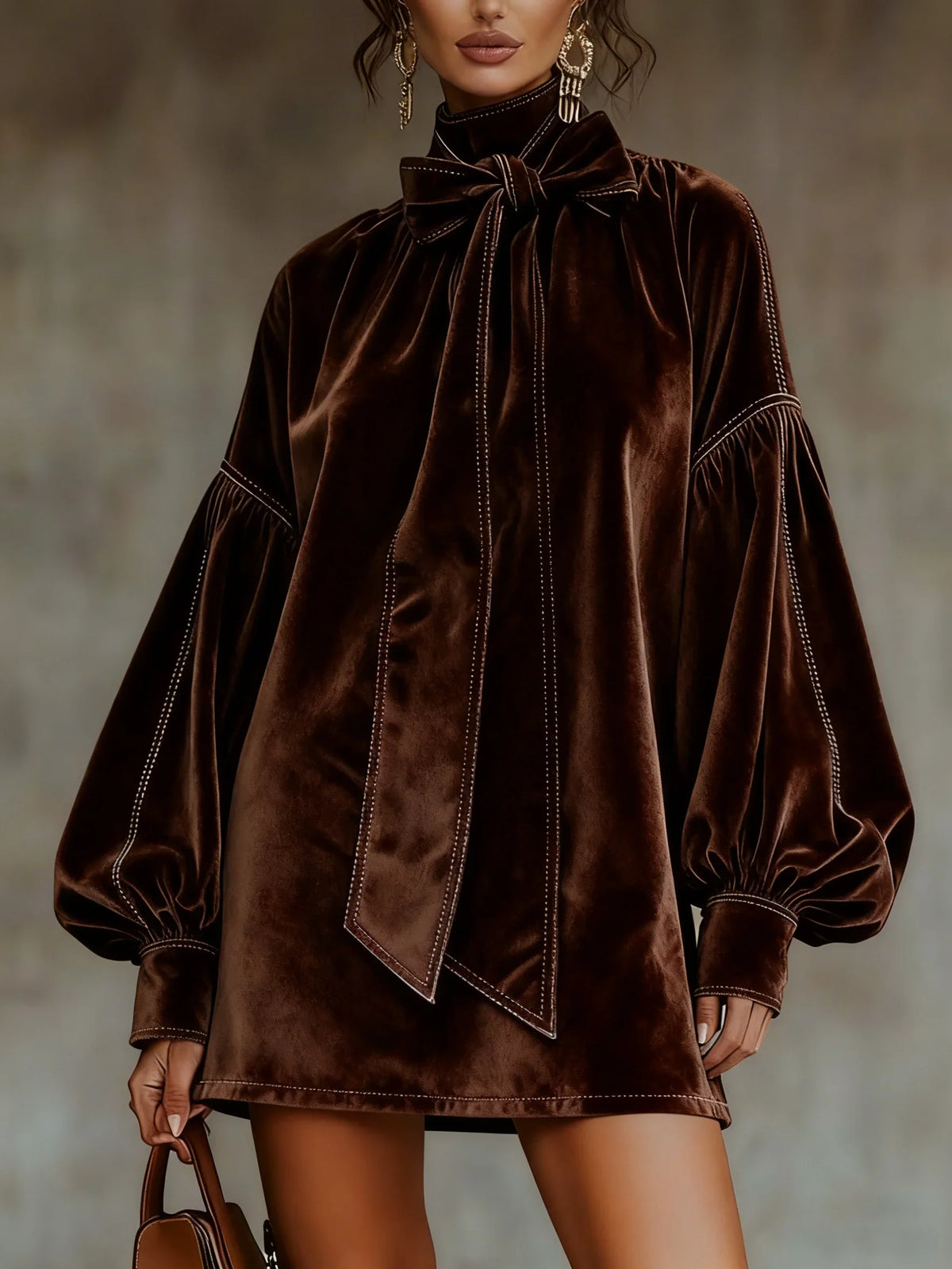 Women's velvet mini dress with bow neckline and puffy sleeves – Brown