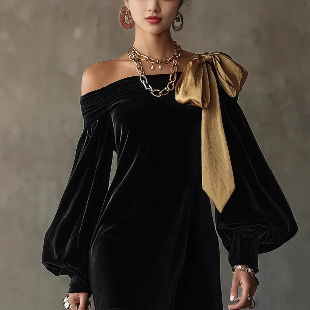 Women's velvet off-shoulder mini dress with puff sleeves – Black