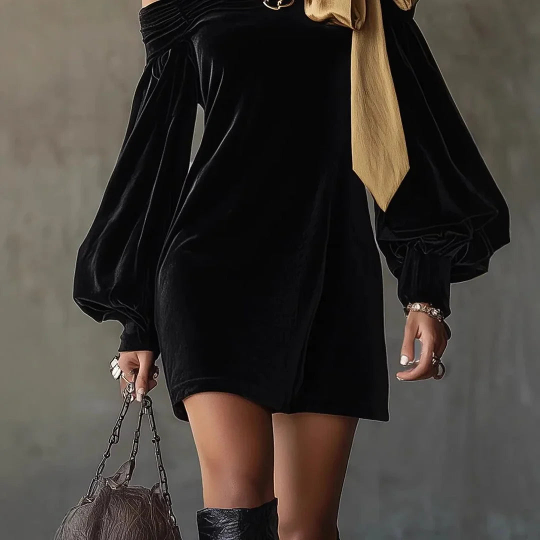 Women's velvet off-shoulder mini dress with puff sleeves – Black