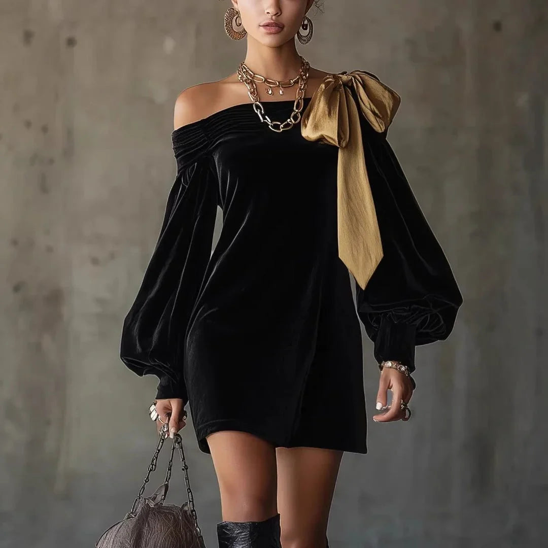 Women's velvet off-shoulder mini dress with puff sleeves – Black