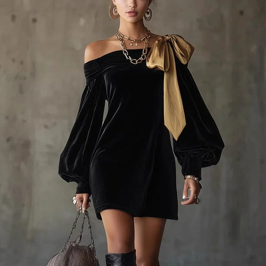 Women's velvet off-shoulder mini dress with puff sleeves – Black