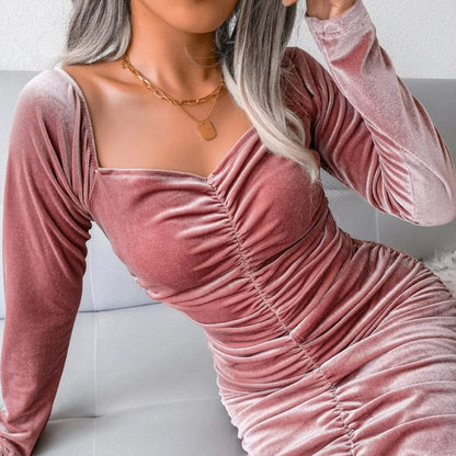 Women's velvet ruched mini dress with cowl neckline detail