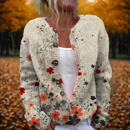 Women's breathable knit cardigan with vintage art print – Multicolour