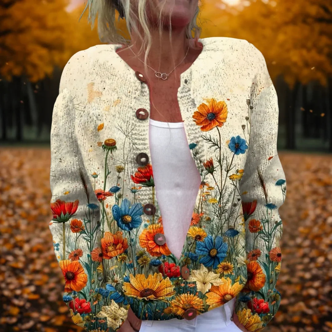 Women's relaxed knit cardigan with vintage flower motif – Multicolour