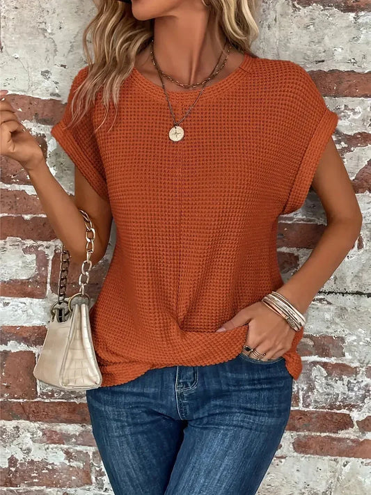 Women's waffle knit short-sleeve top with crew neckline