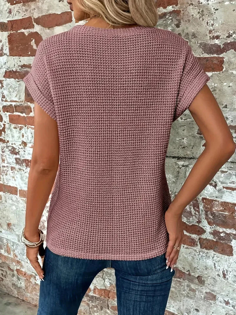 Women's waffle knit short-sleeve top with crew neckline