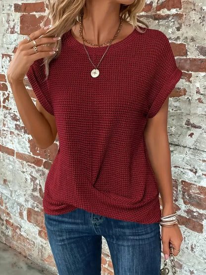 Women's waffle knit short-sleeve top with crew neckline – Burgundy