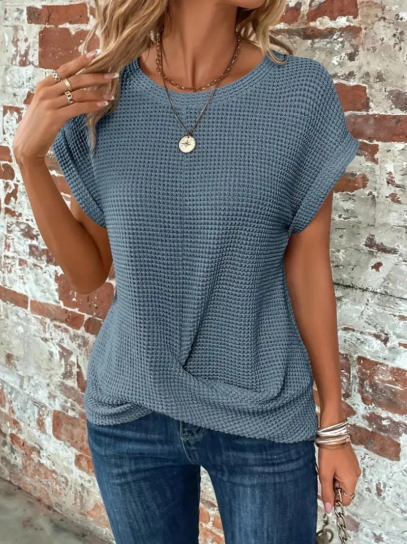 Women's waffle knit short-sleeve top with crew neckline – Steel Blue
