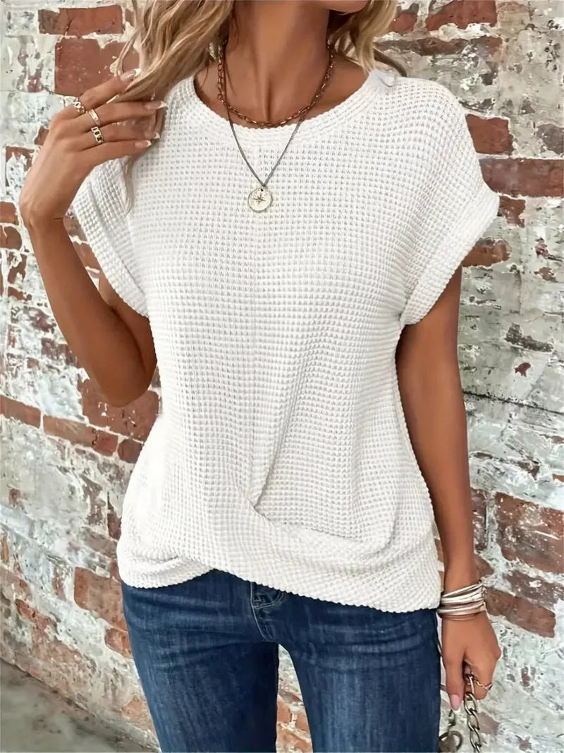 Women's waffle knit short-sleeve top with crew neckline – White