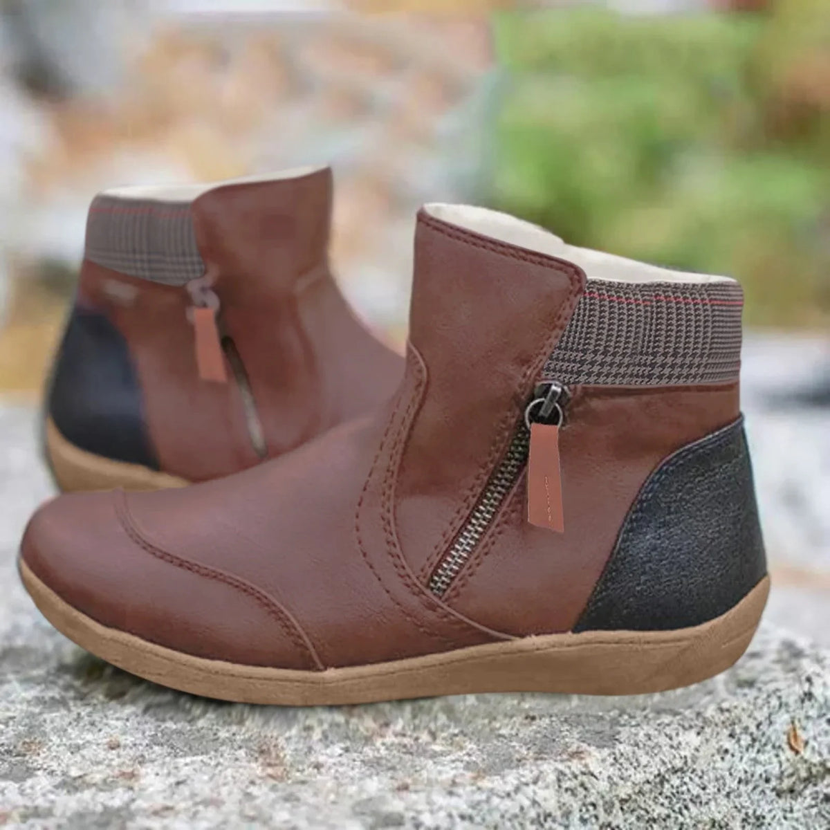 Women's waterproof leather ankle boots with side zipper – Brown