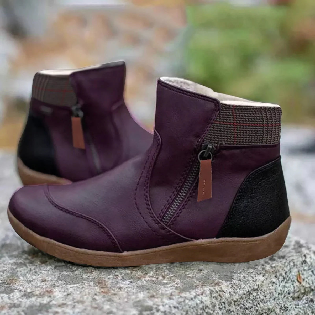 Women's waterproof leather ankle boots with side zipper – Purple
