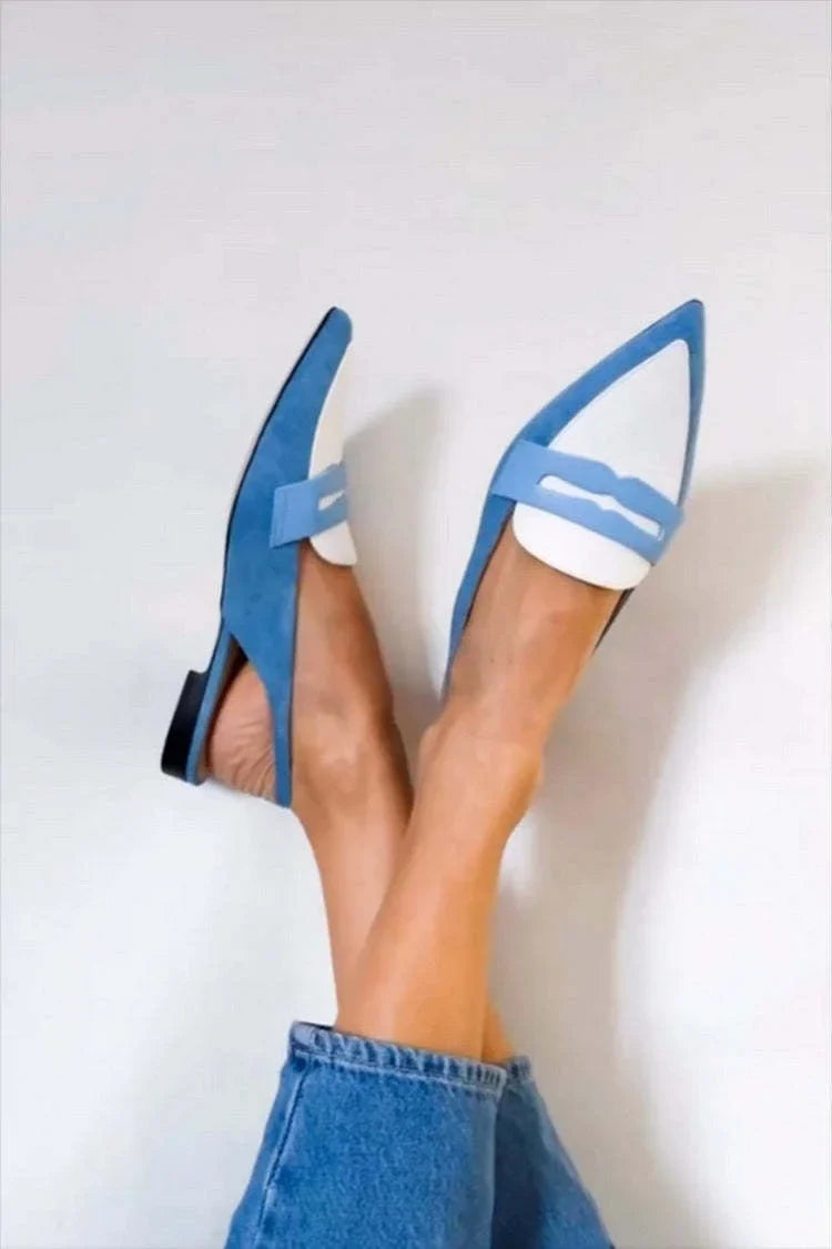 Women's suede two-tone pointed-toe slingback loafers with penny strap – Blue/White