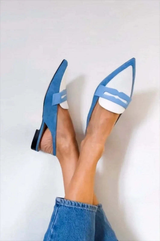 Women's suede two-tone pointed-toe slingback loafers with penny strap – Blue/White